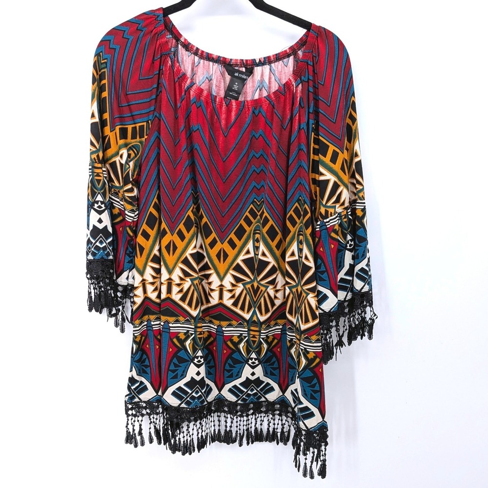 Ali Miles Blouse Women Medium Multicolor Geometric Fringe Scoop‎ Neck Colorful